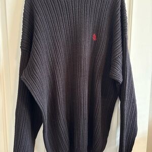 Vintage Nautica Men's Dark Charcoal Ribbed Crewneck Sweater with Red Logo